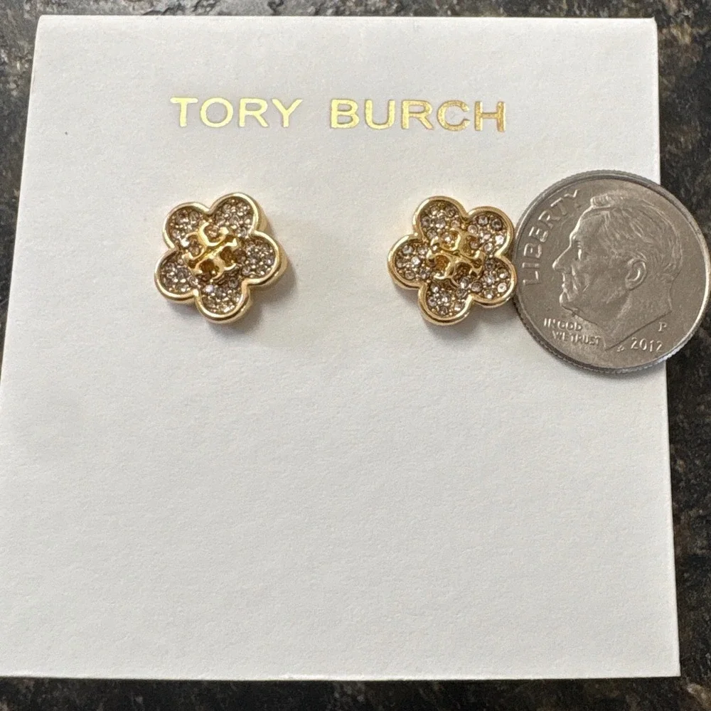Tory Burch Gold Tone Crystal Pave Flower Logo Stud Earrings Womens